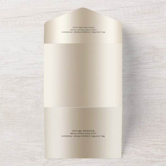 Champagne Glitter Drift Glam Bling Wedding All In One Uitnodiging (Buitenkant)