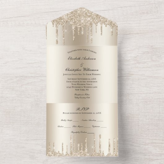 Champagne Glitter Drift Glam Bling Wedding All In One Uitnodiging (Binnen)