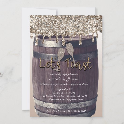 Champagne Glitter Drip Barrel Verloving Brunch Kaart (Voorkant)