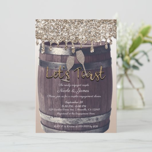 Champagne Glitter Drip Barrel Verloving Brunch Kaart (Staand voorkant)