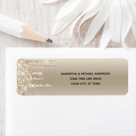 Champagne Glitter Drip Glam Trendy Return Address Etiket (Insitu)