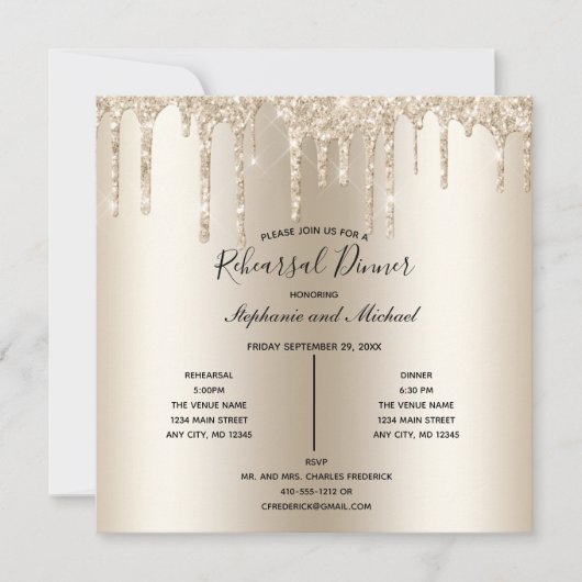 Champagne Glitter Drip Rehearsal Dinner Invitation Kaart (Voorkant)