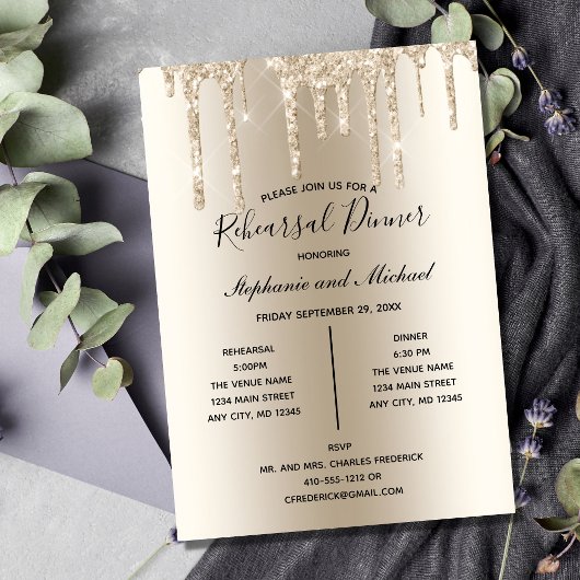 Champagne Glitter Drip Rehearsal Dinner Invitation Kaart