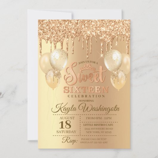 Champagne Glitter Drip Sweet Sixteen Birthday  Kaart (Voorkant)