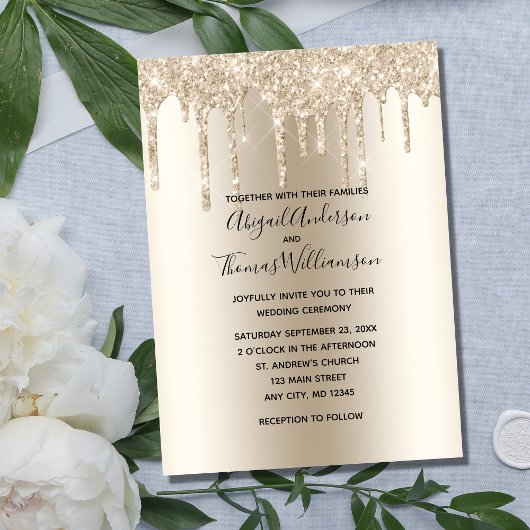 Champagne Glitter Drip Trendy Elegant Wedding Kaart