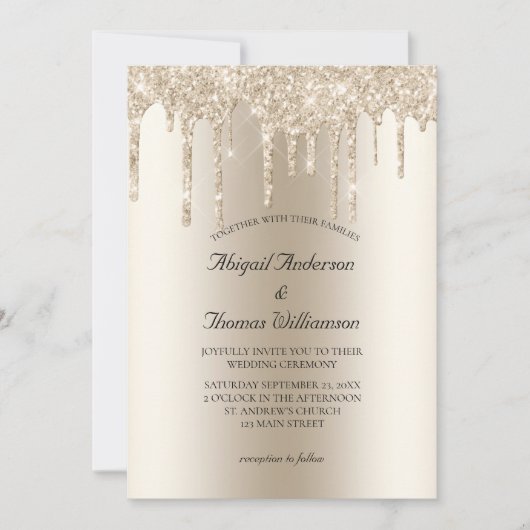 Champagne Glitter Drip Trendy Elegante Trouw  Kaart (Voorkant)