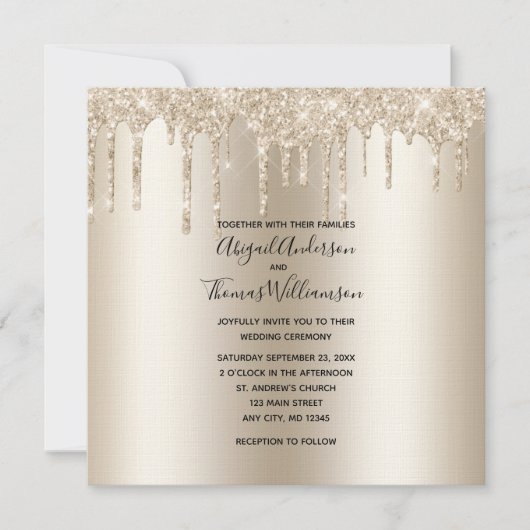 Champagne Glitter Drip Trendy Elegante Trouw  Kaart (Voorkant)