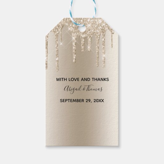 Champagne Glitter Drip Trendy Glam Bruiloft Cadeaulabel (Voorkant)