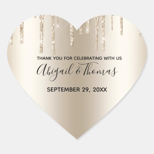 Champagne Glitter Drip Trendy Glam Bruiloft Hart Sticker (Voorkant)