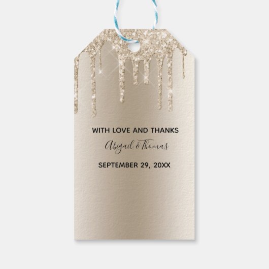 Champagne Glitter Drip Trendy Glam Wedding Cadeaulabel (Achterkant)