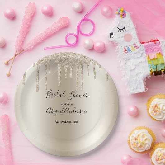 Champagne Glitter Drip Vrijgezellenfeest Glam Tren Papieren Bordje (Feest)