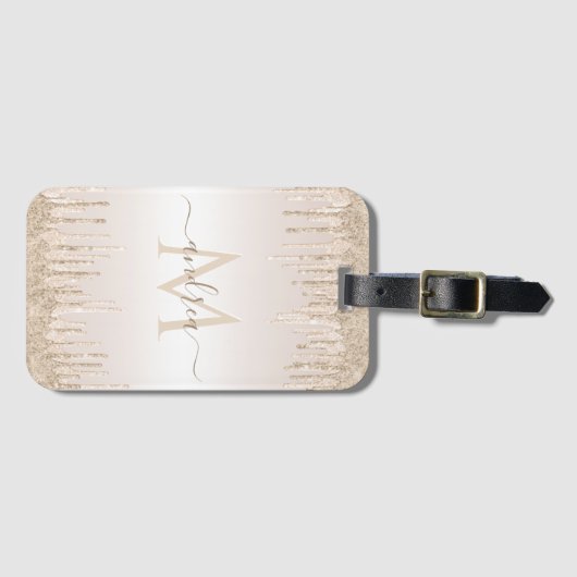 Champagne Glitter Dripping & Girly Chic Monogram Bagagelabel (Voorkant (horizontaal))