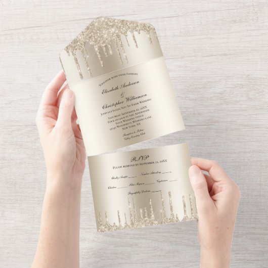 Champagne Glitter Drips Glam Bling Bruiloft All In One Uitnodiging (Afscheurbaar)