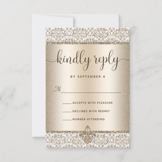 Champagne Glitter Fleur De Lis Elegant Bruiloft RSVP Kaartje (Voorkant)
