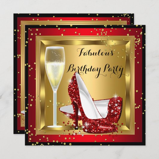 Champagne Glitter High Heels Red Birthday Party Kaart (Voorkant / Achterkant)