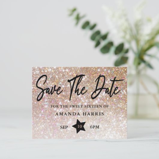 Champagne Glitter Sweet 16 Save the Date Briefkaart (Staand voorkant)