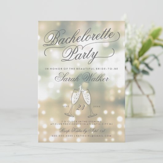Champagne Glow vrijgezellenfeest uitnodiging (Staand voorkant)