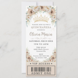 Champagne Gold Beige Bloemen Quinceañera VIP Ticke Kaart