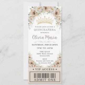 Champagne Gold Beige Bloemen Quinceañera VIP Ticke Kaart