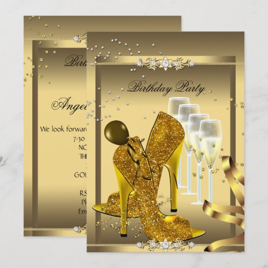 Champagne Gold Birthday Party Kaart (Voorkant / Achterkant)