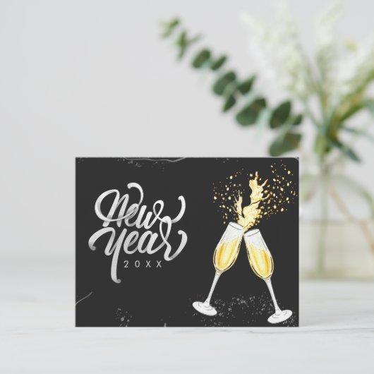 Champagne Gold Black Wine Glass Confetti Modern Feestdagenkaart (Staand voorkant)