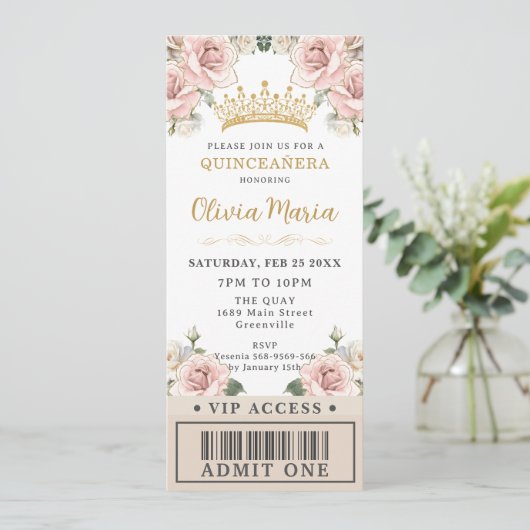 Champagne Gold Blush Floral Quinceañera VIP Ticket Kaart (Staand voorkant)