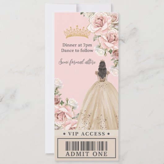 Champagne Gold Blush Floral Quinceañera VIP Ticket Kaart (Achterkant)