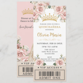 Champagne Gold Blush Floral Quinceañera VIP Ticket Kaart