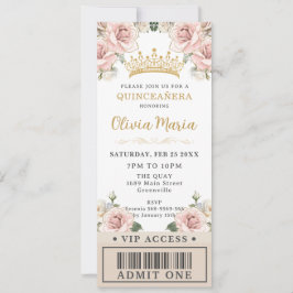 Champagne Gold Blush Floral Quinceañera VIP Ticket Kaart