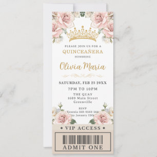 Champagne Gold Blush Floral Quinceañera VIP Ticket Kaart
