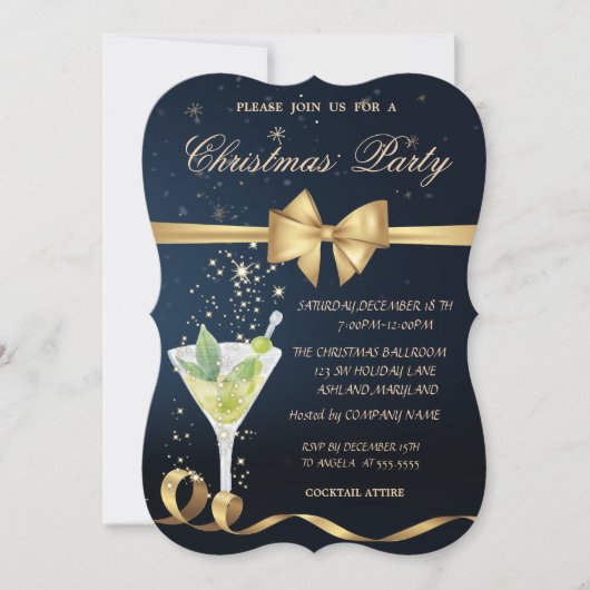 Champagne, Gold Bow kerstparty Kaart (Voorkant)