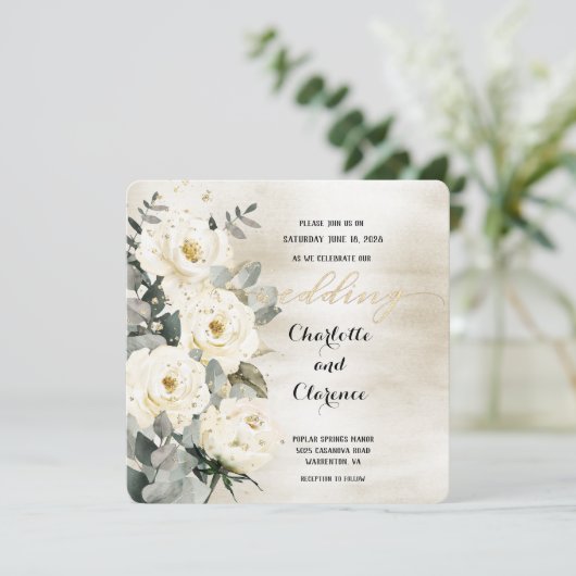 Champagne Gold Desdemona Rozen Eucalyptus Wedding Kaart (Staand voorkant)
