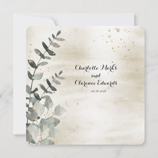 Champagne Gold Desdemona Rozen Eucalyptus Wedding Kaart (Achterkant)