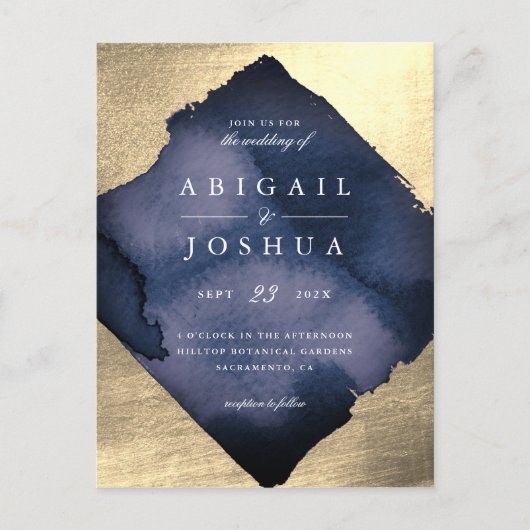 Champagne Gold Diamond Navy Waterverf Huwelijk Uitnodiging Briefkaart (Voorkant)
