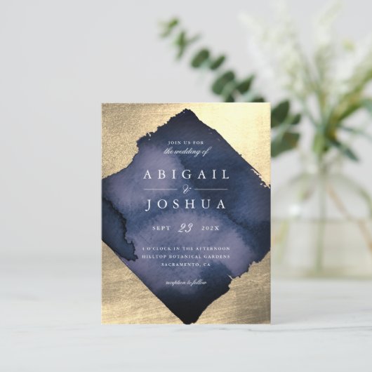 Champagne Gold Diamond Navy Waterverf Huwelijk Uitnodiging Briefkaart (Staand voorkant)