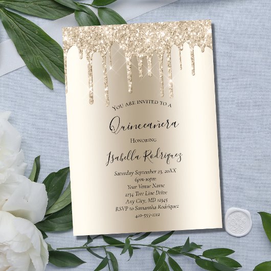 Champagne Gold Driving Glitter Quinceanera Kaart