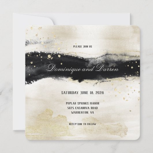 Champagne Gold en Black Waterverf Square Wedding Kaart (Voorkant)