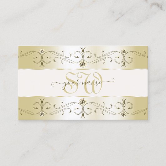 Champagne Gold en Cream  Borders Monogram Visitekaartje (Voorkant)