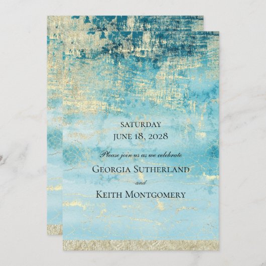 Champagne Gold en Turquoise 2 Modern Art Wedding Kaart (Voorkant / Achterkant)