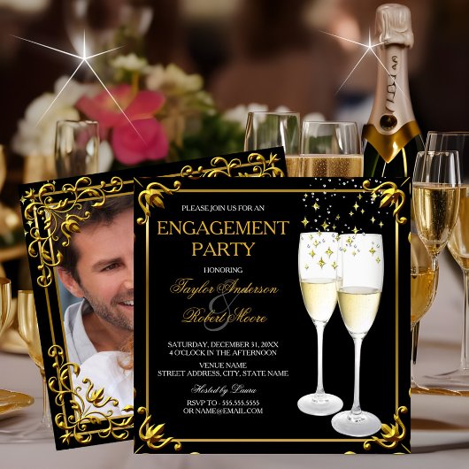 Champagne Gold Engagement Party - Fotouitnodiging Kaart