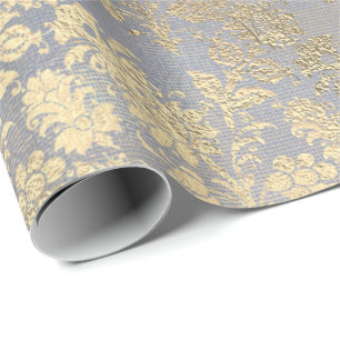 Champagne Gold Floral Blue Burlap Linen Cadeaupapier