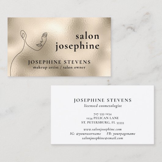 Champagne Gold Foil line Art Logo Salon Name Visitekaartje (Voorkant / Achterkant)