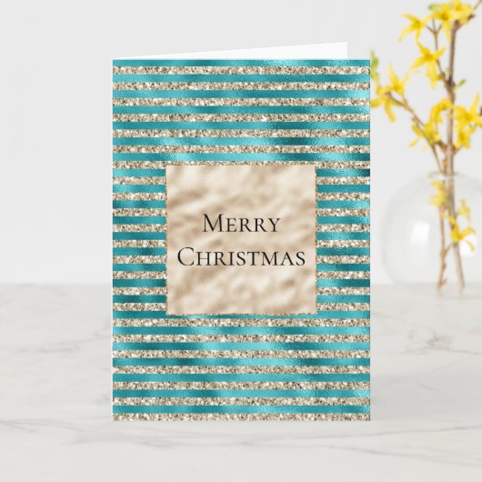 Champagne Gold Glitter Blauwgroen Stripes Kaart (Gele Bloem)