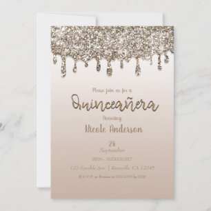 Champagne Gold Glitter Drip Glam Quinceañera 15 Kaart