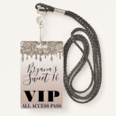Champagne Gold Glitter Drip Glam Sweet 16 VIP Pass Badge (Achterkant met draagriem)