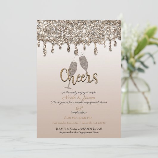 Champagne Gold Glitter Drip Glam Verloving Shower Kaart (Staand voorkant)