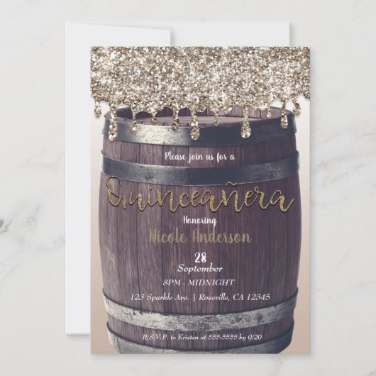 Champagne Gold Glitter Drip Rustic Quinceañera 15 Kaart (Voorkant)
