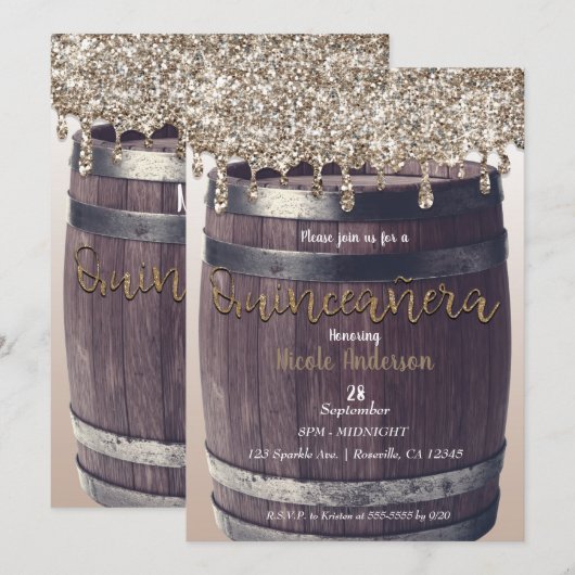 Champagne Gold Glitter Drip Rustic Quinceañera 15 Kaart (Voorkant / Achterkant)