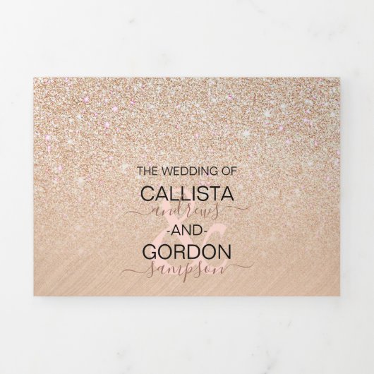 Champagne Gold Glitter Metal Registry Details RSVP Drieluik Uitnodiging (Cover)