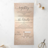 Champagne Gold Glitter Metal Registry Details RSVP Drieluik Uitnodiging (Binnen)